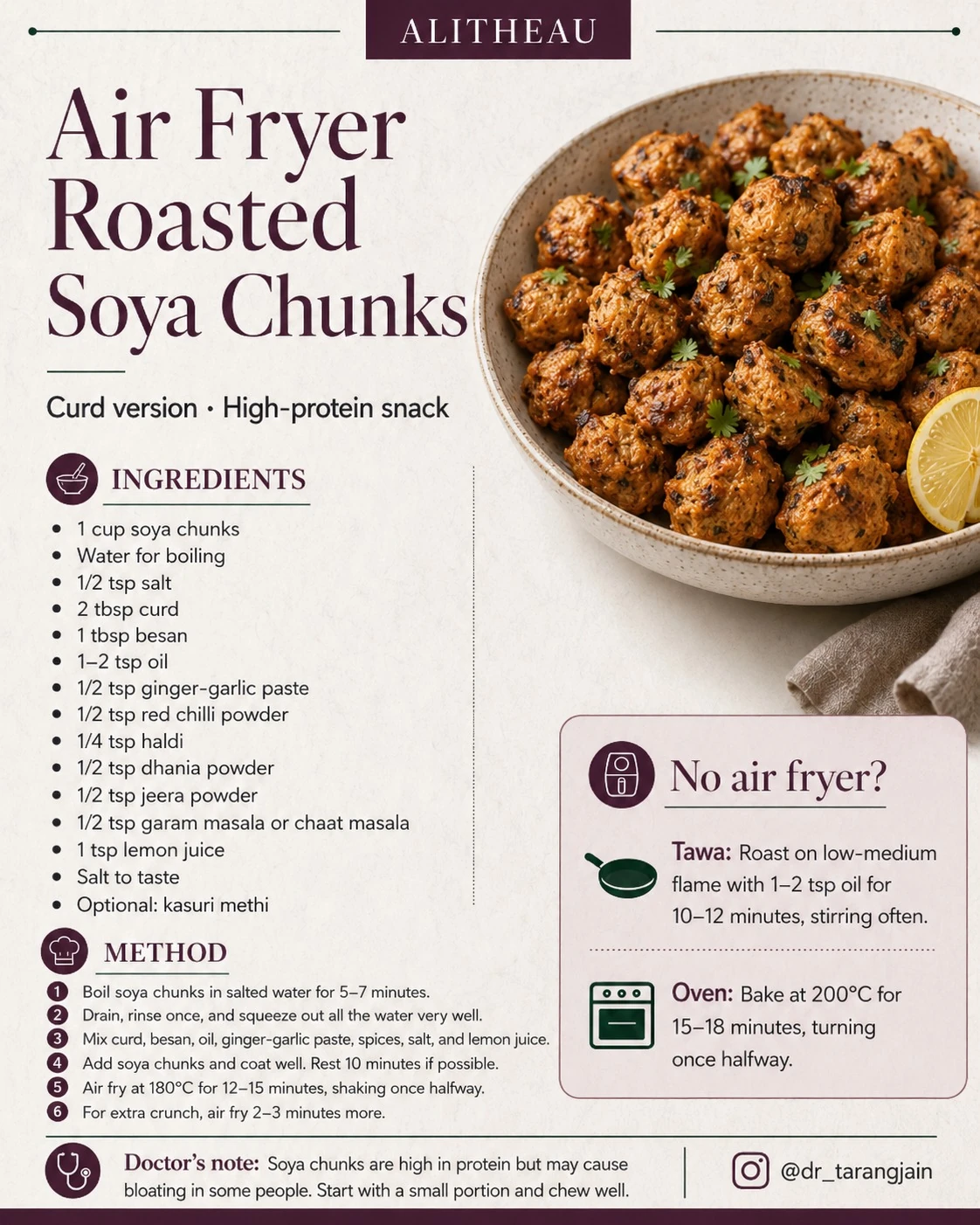 Original supplied recipe card: Air-fryer roasted soya chunks — With curd