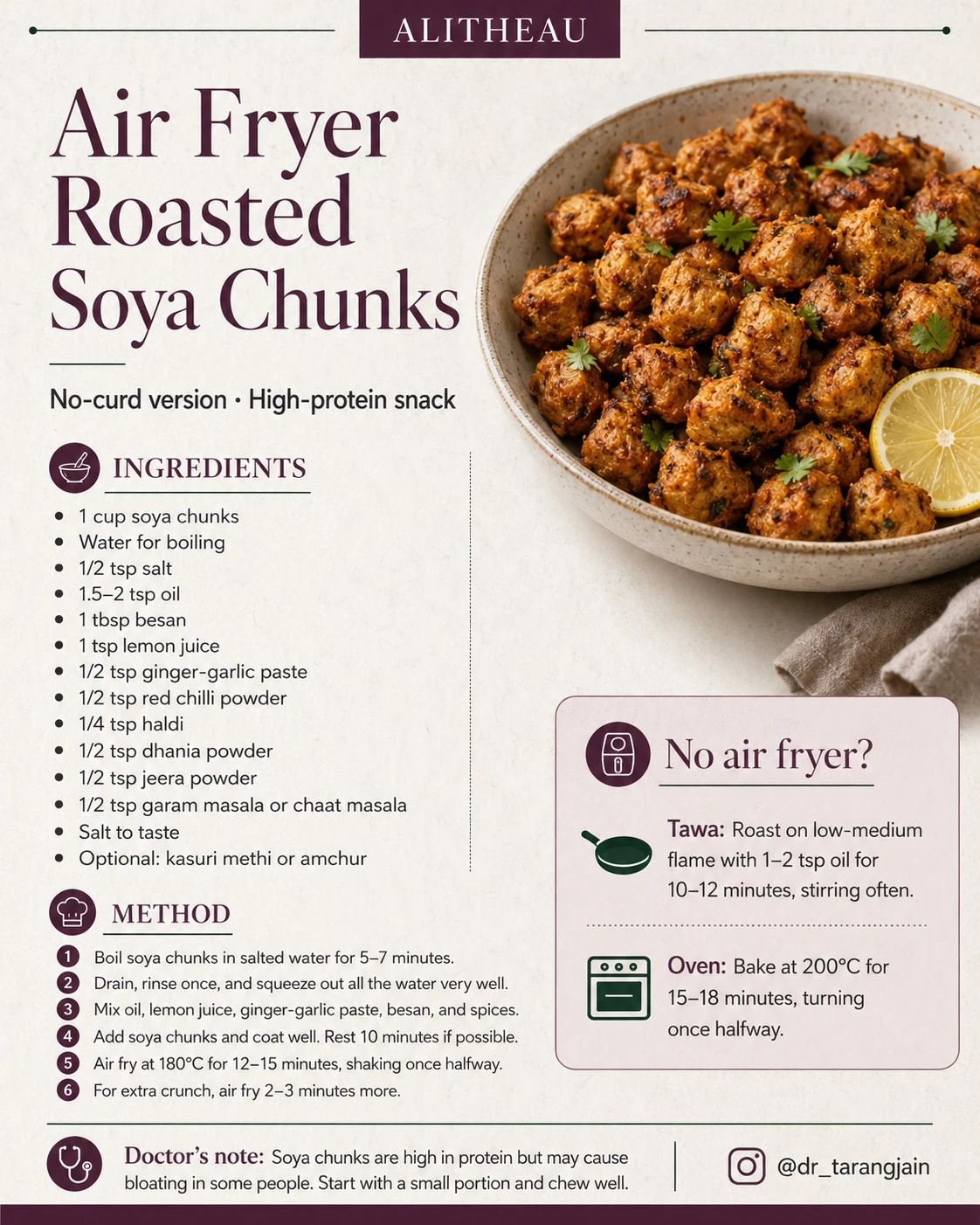 Original supplied recipe card: Air-fryer roasted soya chunks — Without curd